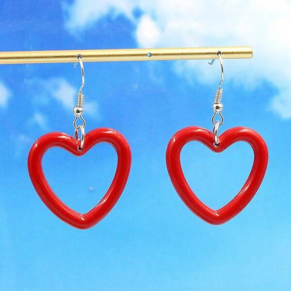 Red Heart Earrings Resin Heart Shaped Earrings Silver Hook Closure Heart Earring - Picture 7 of 7